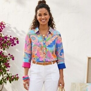 Foxcroft Button Down Shirt Womens 14W Multicolor Paisley Cotton 3/4 Sleeve Mary